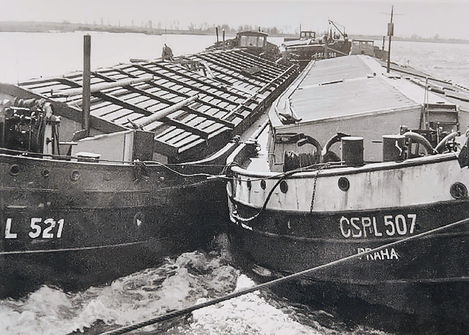 Zwei ehemalige "Versailler" Elbkähne deutscher Privatschiffer (Partikuliere), bereedert von der Č.S.P.L. (vormals Č.P.S.L.). Foto um 1950.