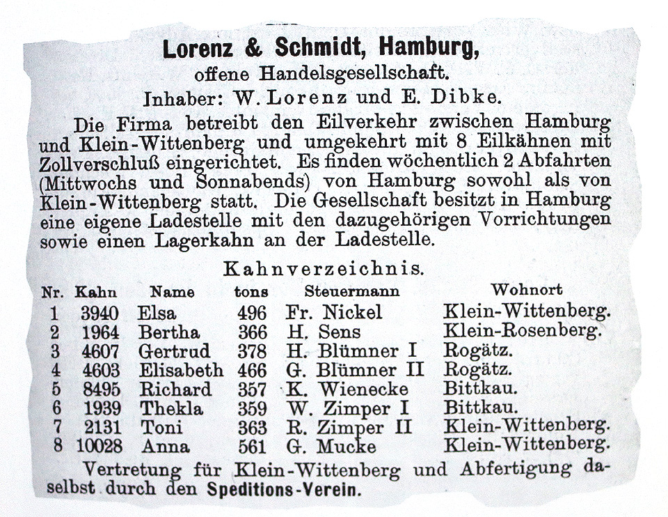 Auszug aus: "Schiffahrt-Kalender für das Elbe-Gebiet", 1914